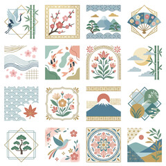 Fototapeta premium A comprehensive set of Japanese cultural and natural elements, such as a crane, cherry blossom, Mount Fuji, and koi fish, are depicted in a harmonious and decorative arrangement.