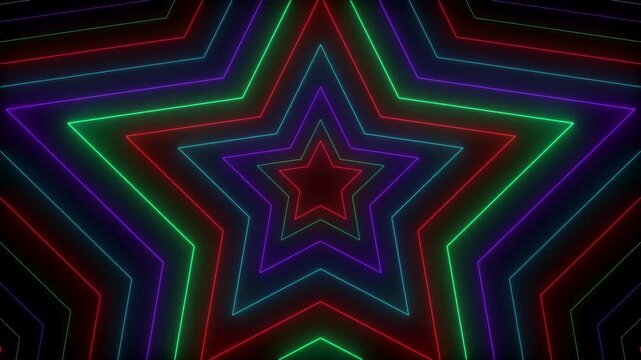 Neon glowing star shapes tunnel moving towards infinite center point with retro VHS glitch digital effect.