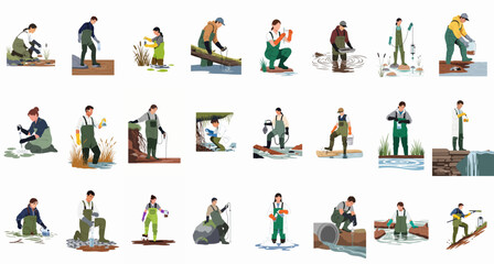 Fototapeta premium Collection of Environmental Scientists and Field Researchers in Waders Conducting Water Quality Tests and Aquatic Sampling, Ecologists Monitoring River Ecosystems Vector Illustration Set