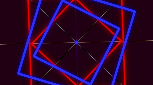 Neon glowing squares rotating in tunnel effect digital abstract background video loop with red blue lights.