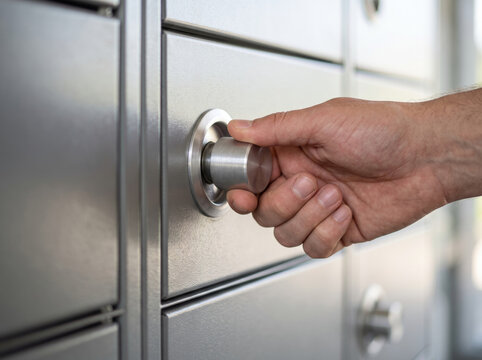 Hand turning metal latch key lock on individual parcel locker door