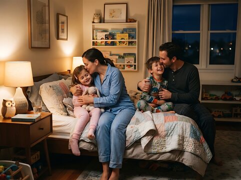 Loving parents sitting on the bed and tucking their two happy young children into sleep at night in a cozy home bedroom