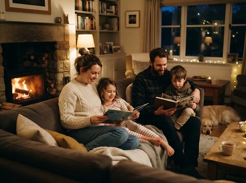 A warm and cozy family evening sitting together reading books by the fireplace in a comfortable living room at home