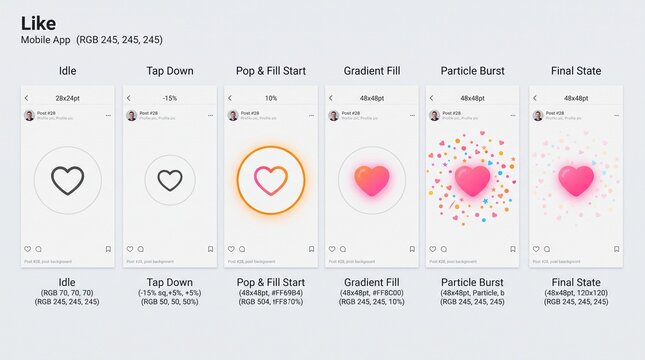 User Interface Design for Mobile App Like Button Animation Showing Step by Step Heart Evolution