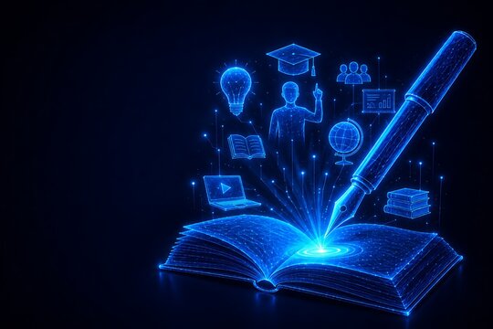 Digital fountain pen writing on open book with holographic icons for education and learning. world letter writing day education holographic learning. world letter writing day