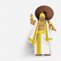 King Mahabali greeting people with a traditional umbrella, flat illustration with copy space for Onam festival celebration in Kerala, India © AJay