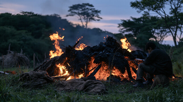 Twilight blue hour settling over a wide forest clearing where a charcoal burner's circular mound smolders quietly, establishing shot showing the full kiln mound, surrounding tree line, a lone adult 