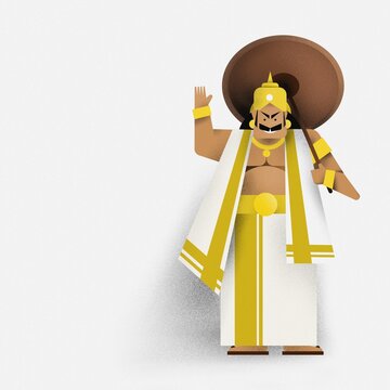 King Mahabali greeting people with a traditional umbrella, flat illustration with copy space for Onam festival celebration in Kerala, India