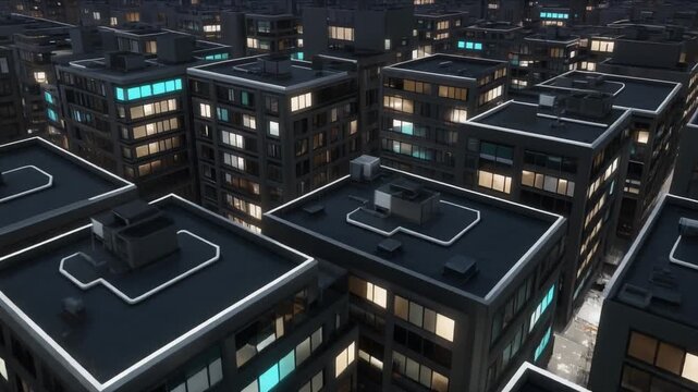 白線が光る屋上が並ぶ未来都市のビル群を夜に俯瞰する