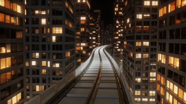 高架鉄道の線路がビル谷間を奥へ伸びる夜の未来都市を進む視界