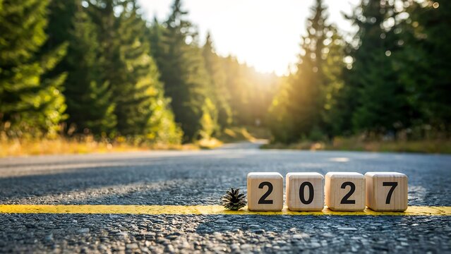 Wooden blocks showing 2027 on empty road with forest background