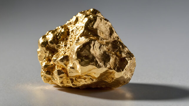 Large shiny golden nugget precious raw mineral isolated on gray background