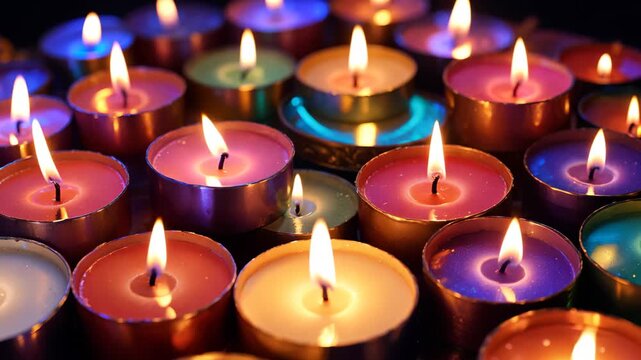 burning colorful candles on a dark background. Row of colorful burning candles in a rainbow gradient sequence glowing in the dark. Romance celebration, holiday, and cultural events concepts.