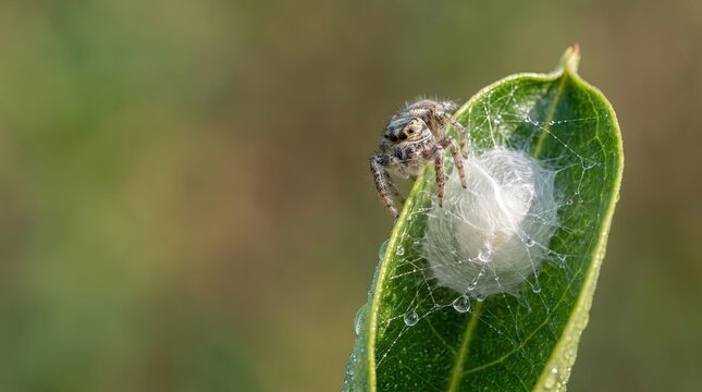 Spider Egg Sac, Spider Guarding Egg Sac on Leaf in Nature