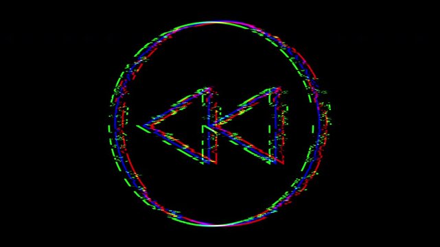 4k Glitch Rewind Button Icon Animation with RGB Split Digital Distortion and Circular Media Player Interface on Black Background.