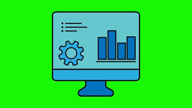 A 2D flat vector icon animation set against a solid bright green chroma key background featuring a computer monitor displaying various interface elements.