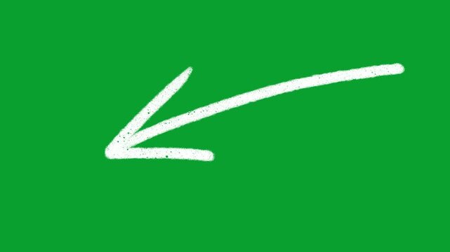 Hand-drawn white chalk style animated arrow pointing down left on a chromakey green screen background. Seamless motion graphic element for video editing, content creation, social media posts, presenta