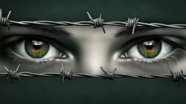 Female eyes peering through barbed wire conveying strong emotion and a sense of confinement