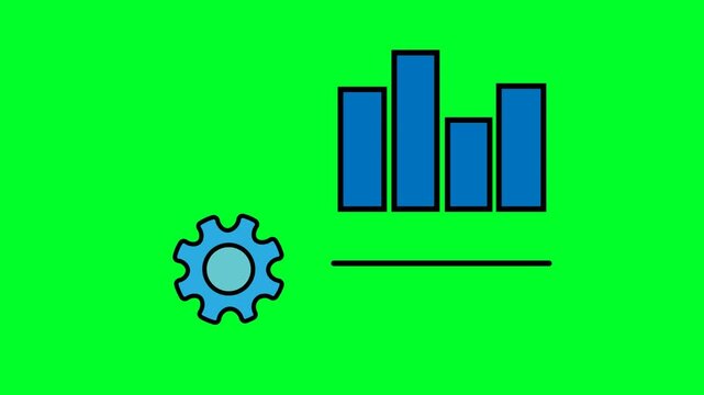 A 2D flat vector icon animation set against a solid bright green chroma key background featuring a rotating gear and a growing bar chart.