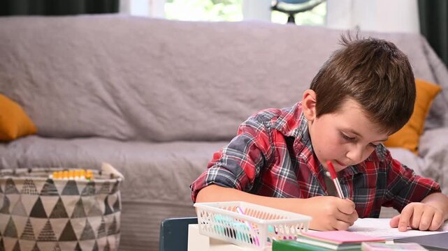 A child does homework with a tutor online at home via a laptop webcam. Homeschooling, online education, e-learning