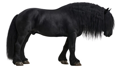 Majestic black Friesian horse with long mane and tail © Elowen