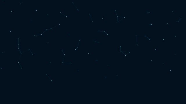 Digital constellation motion animation featuring glowing blue nodes connected by thin lines floating across a dark background to represent data network connectivity in this high quality abstract techn