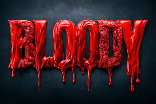 Bloody dripping text on dark textured background with glossy macro details for horror movie marketing