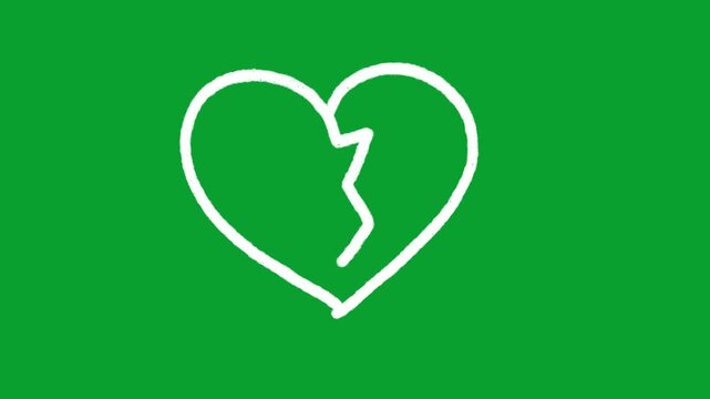 Hand-drawn white chalk style animated broken heart symbol splitting apart on a chromakey green screen background. Seamless motion graphic element for video editing, social media reels, heartbreak 