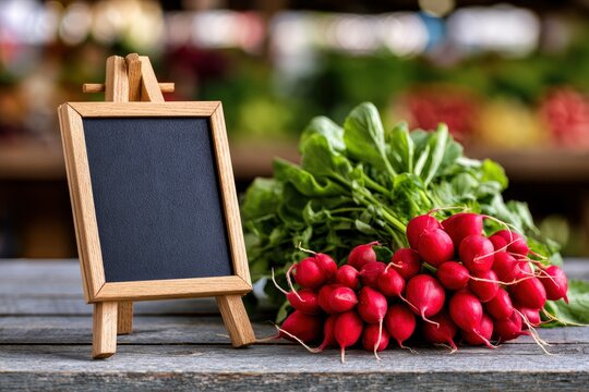 Fresh red radish bunch resting beside a blank chalkboard on a rustic wooden table at a farmers market with soft bokeh for food marketing