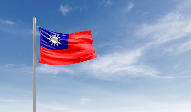 Taiwan national flag waving in the sky.