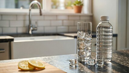 Obraz premium Fresh drinking water in glass and plastic bottle on modern kitchen countertop