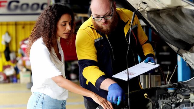 Professional mechanic explaining vehicle maintenance to happy customer inside garage workshop facility during expert automotive repair