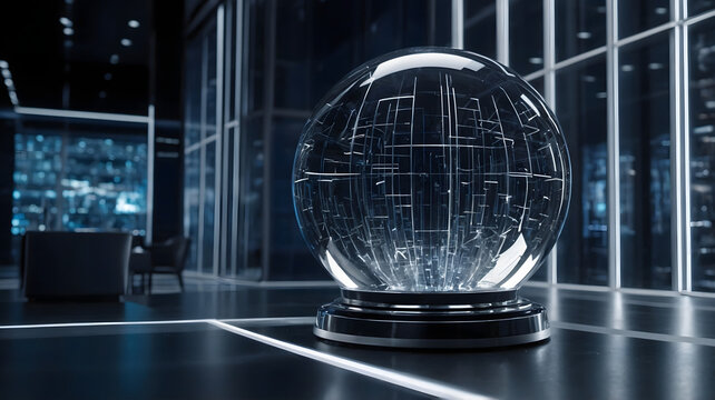 Futuristic crystal glass sphere with digital tech matrix lines inside on table