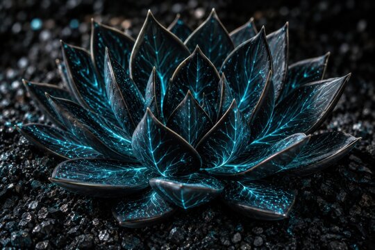Geometric glowing blue succulent plant with electric vein patterns for art