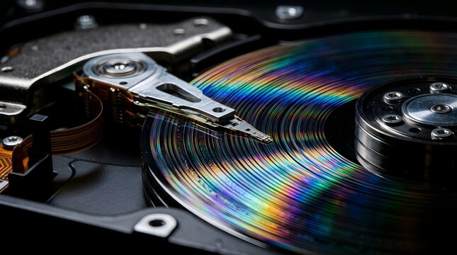 Internal hard drive platter with rainbow light reflections, mechanical data storage disk components, computer hardware technology
