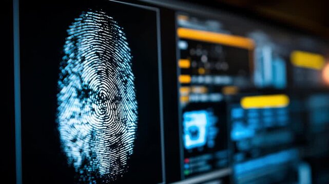 A fingerprint is scanned and processed on a digital interface showing various data metrics