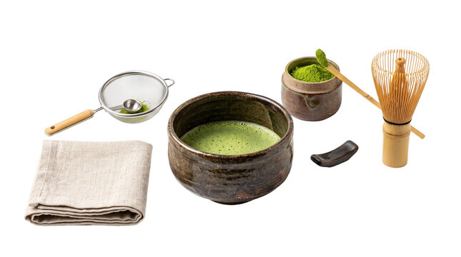 Traditional matcha tea set with ceramic bowl and bamboo whisk. Japanese green tea ceremony tools, organic matcha powder and chasen. isolated PNG with Transparent Background