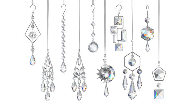 Elegant crystal suncatchers set, hanging glass prism ornaments, decorative diamond and geometric sun catchers for home decor isolated PNG with Transparent Background
