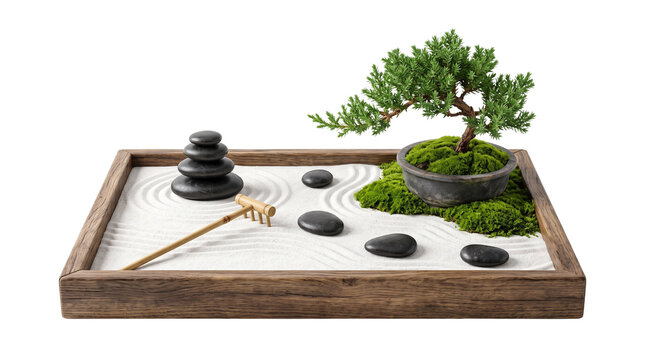Zen garden with bonsai tree and black basalt stones, miniature rock garden in wooden tray, meditation sand art with rake isolated PNG with Transparent Background
