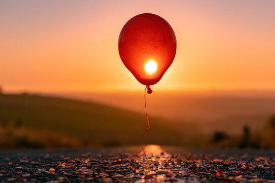Red balloon floating at sunset on rural road with warm golden hour bokeh for inspirational marketing