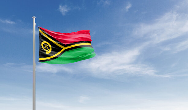 Vanuatu national flag waving in the sky.