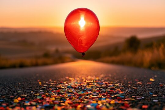 Red balloon floating over rural road at golden hour with colorful confetti and cinematic lighting for event marketing