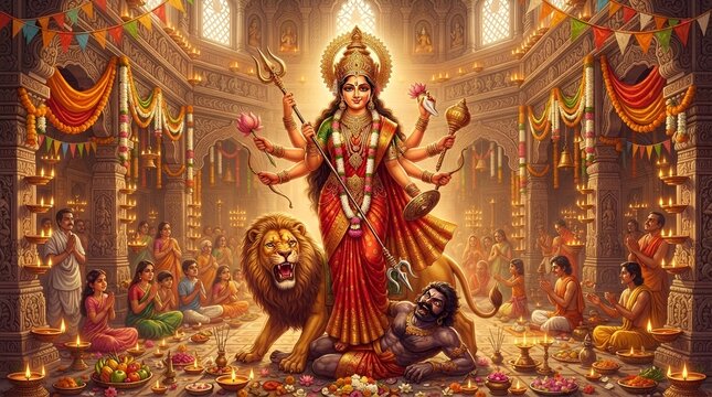 Majestic Goddess Durga Idol statue standing on a lion defeating a demon at a beautifully decorated temple during Durga Puja festival