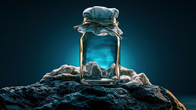 Apothecary glass jar resting on textured dark stone with cinematic teal lighting for homeopathic product marketing