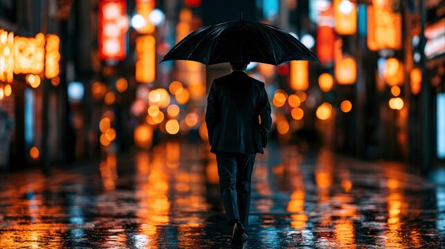 Man with umbrella walking through rainy city at night with cinematic neon bokeh for urban lifestyle marketing