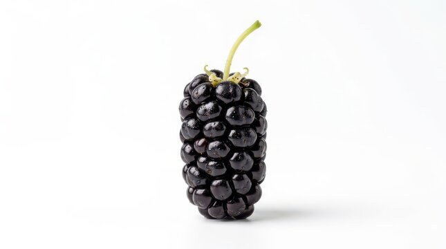 A single ripe black mulberry fruit standing upright with a small green stem, isolated on a white background, showcasing the elongated, bumpy, and aggregate structure of this dark purple berry fruit