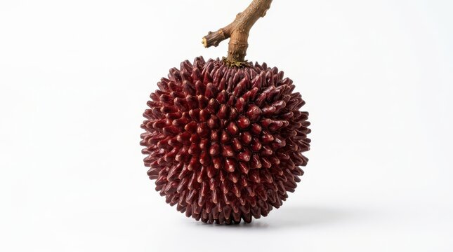 A single ripe pulasan fruit with its characteristic dark red, spiky, hairy skin and a short woody stem, isolated on a clean white background, showcasing the unique texture of this tropical fruit
