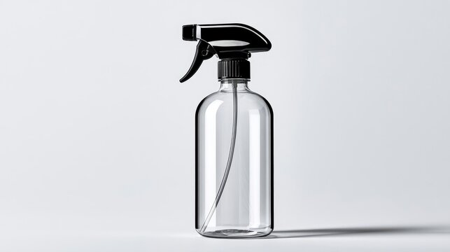 Glass spray bottle standing on white background in sharp focus studio shot for household cleaning product marketing