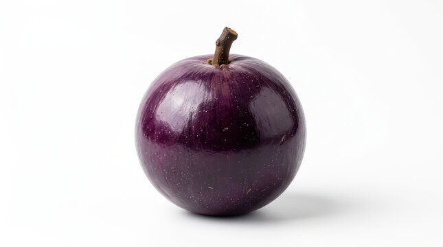 A single ripe purple star apple, also known as cainito or chrysophyllum cainito, with a small stem, isolated on a white background, showing the smooth, dark glossy skin of the tropical fruit