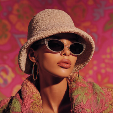 Sunlit model wearing plush hat and white sunglasses. Ideal for chic eyewear and fashion campaign visuals.